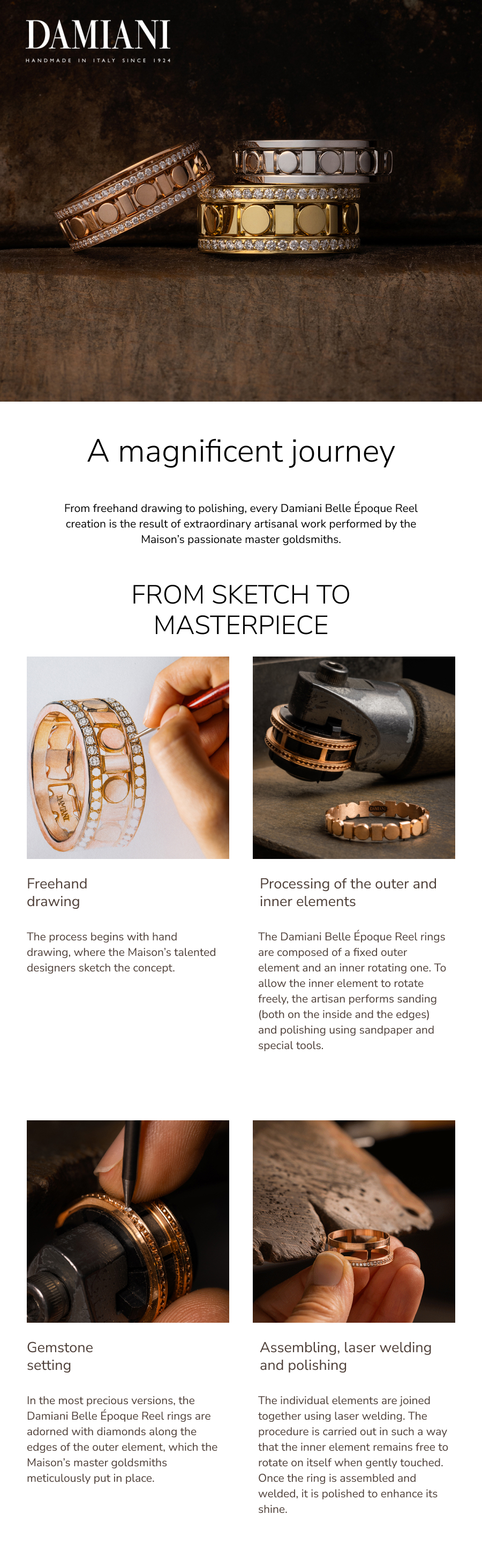 Three Damiani Belle Époque Reel rings in rose gold, yellow gold, and white gold with diamond accents, handmade in Italy and exclusively available at Little Europe St. Maarten